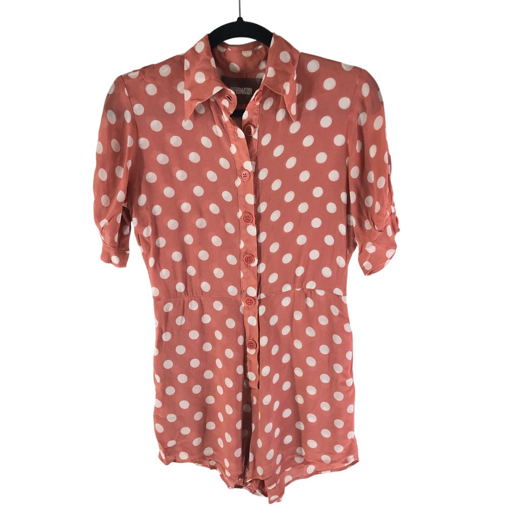 Reformation Gilly Romper Short Sleeve Pockets Polka Dot Pink White 0